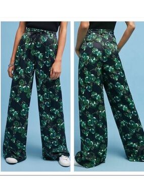 Anthropologie elevens green floral wide leg silky pants sz 2